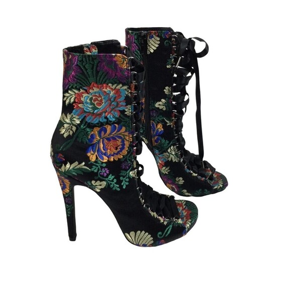 Steve Madden Brocade Floral Peep Toe Boots Shoes Lace Up Side Zipper Siz… - Picture 1 of 12
